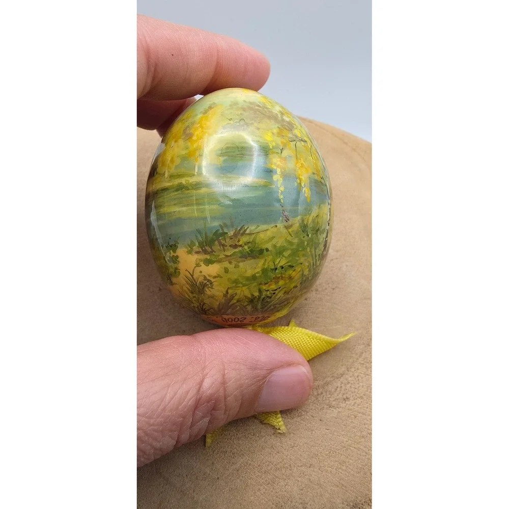 Vintage 2000 Russian Hand Painted Lacquer Egg Ornament Birch Tree Landscape